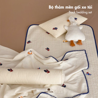 Set thảm mền gối thêu hình xe, trần bông hữu cơ cao cấp cho bé