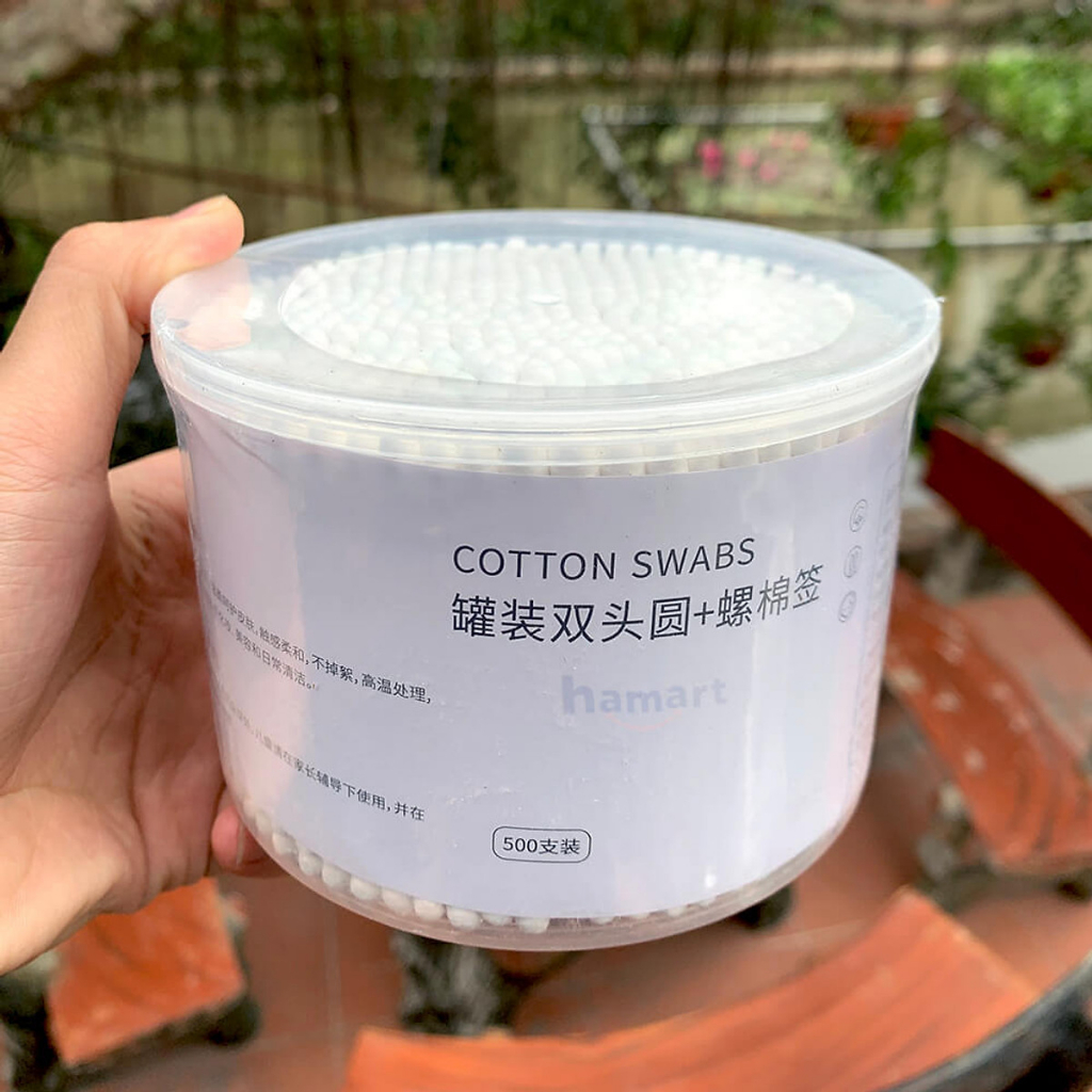 Hộp Tăm Bông 500 Que Thân Gỗ 2 Đầu Tròn Xoắn/SET 500 Bông Tăm Ngoái Tai 100% Bông Cotton Tự Nhiên An Toàn Với Môi Trường