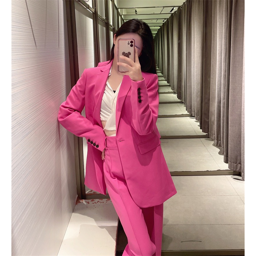 Áo blazer nữ áo vest dài tay khoác ngoài phong cách hàn quốc màu hồng hàng xuất Zara