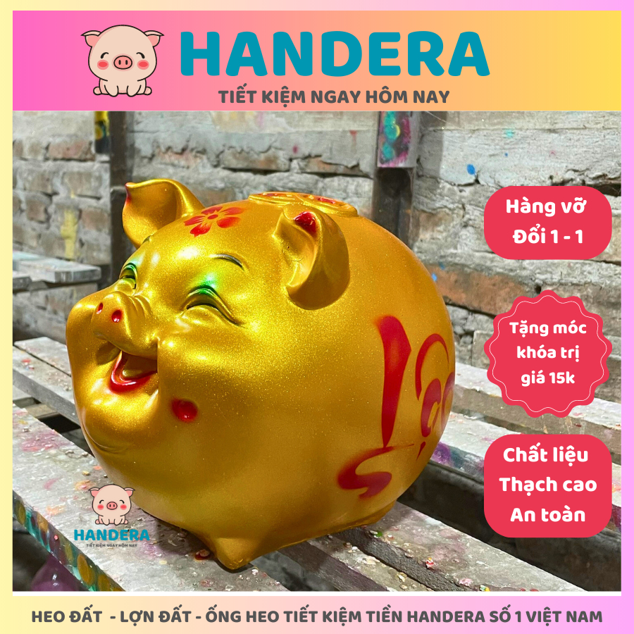 Heo đất lợn đất ống heo tiết kiệm tiền HANDERA Híp hàn quốc size to vàng đồng chất liệu thạch cao không ẩm mốc HD70