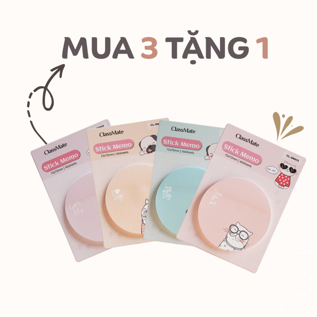 Giấy note ghi chú dễ thương hình tròn CLASSMATE 40 tờ, nhiều màu dùng cho học sinh SN013