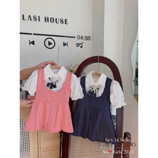 Set áo sơ mi đi học mix váy yếm kèm nơ ngực cho bé gái diện đi chơi đi học xinh dễ thương (8-30kg)