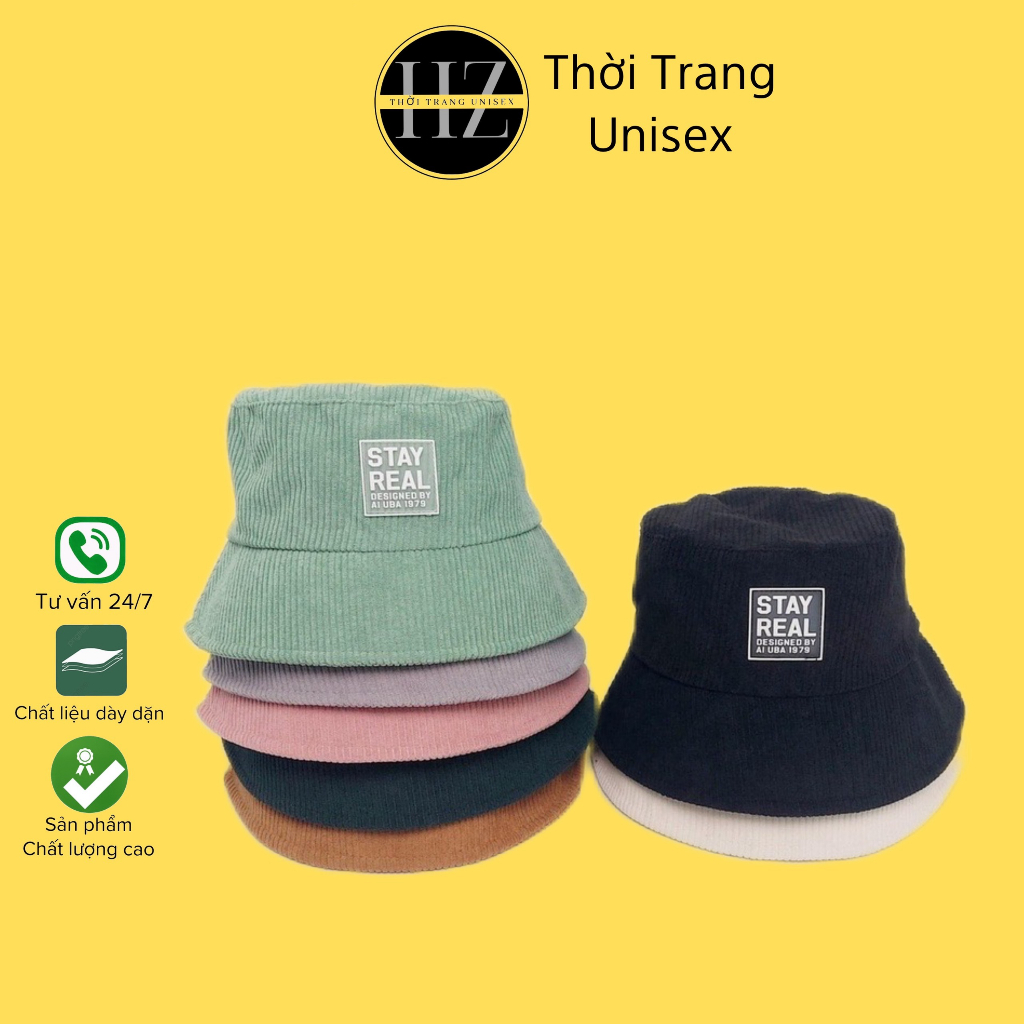 Mũ bucket vành cụp, nón tai bèo thêu tem STAY REAL chất nhung tăm cao cấp trơn nhiều màu unisex