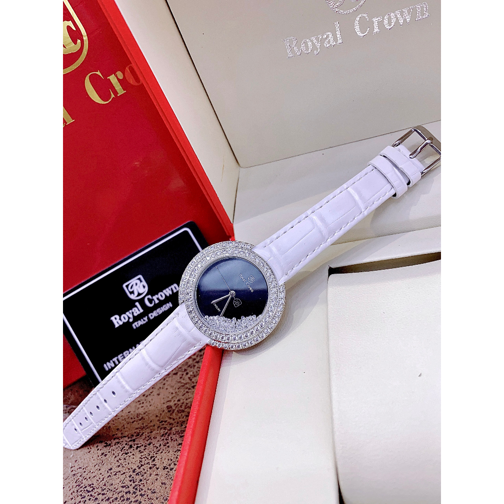 Đồng hồ đeo tay nữ, đồng hồ nữ Royal Crown mặt xanh viền xoàn đá rơi, size 34mm, dây da màu trắng đầy cá tính