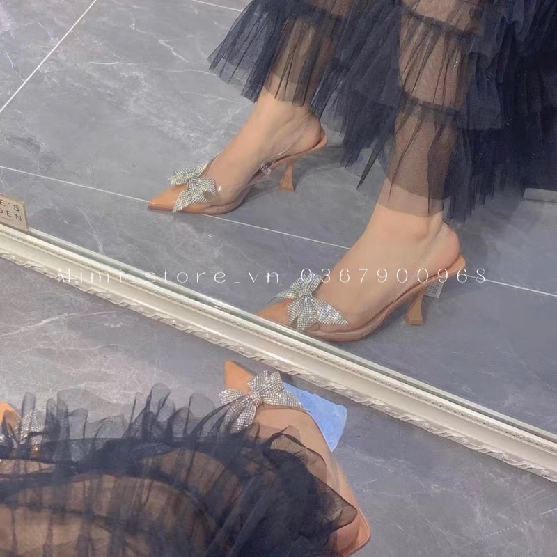 Giày cao gót nữ mũi nhọn đính nơ hạt , đế nâu , quai mica trong ZR full box MS-013