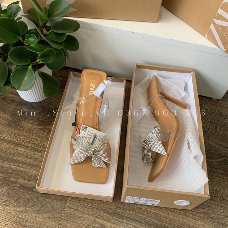 Sandal cao gót nữ quai mica đính nơ sling back fullbox MS-6055