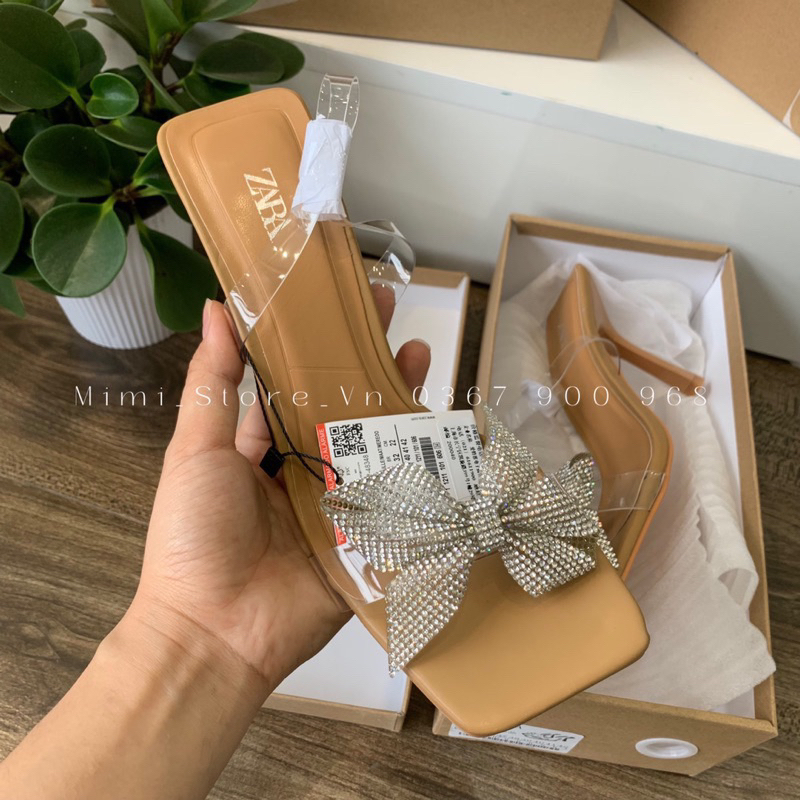 Sandal cao gót nữ quai mica đính nơ sling back fullbox MS-6055