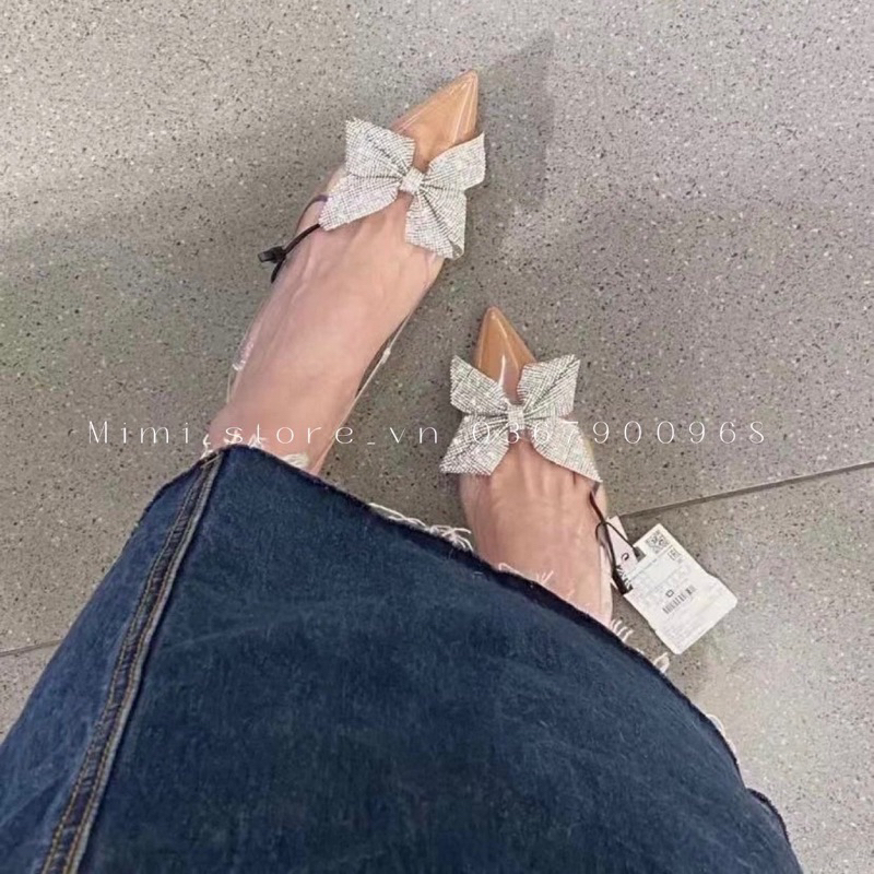 Giày cao gót nữ mũi nhọn đính nơ hạt , đế nâu , quai mica trong ZR full box MS-013