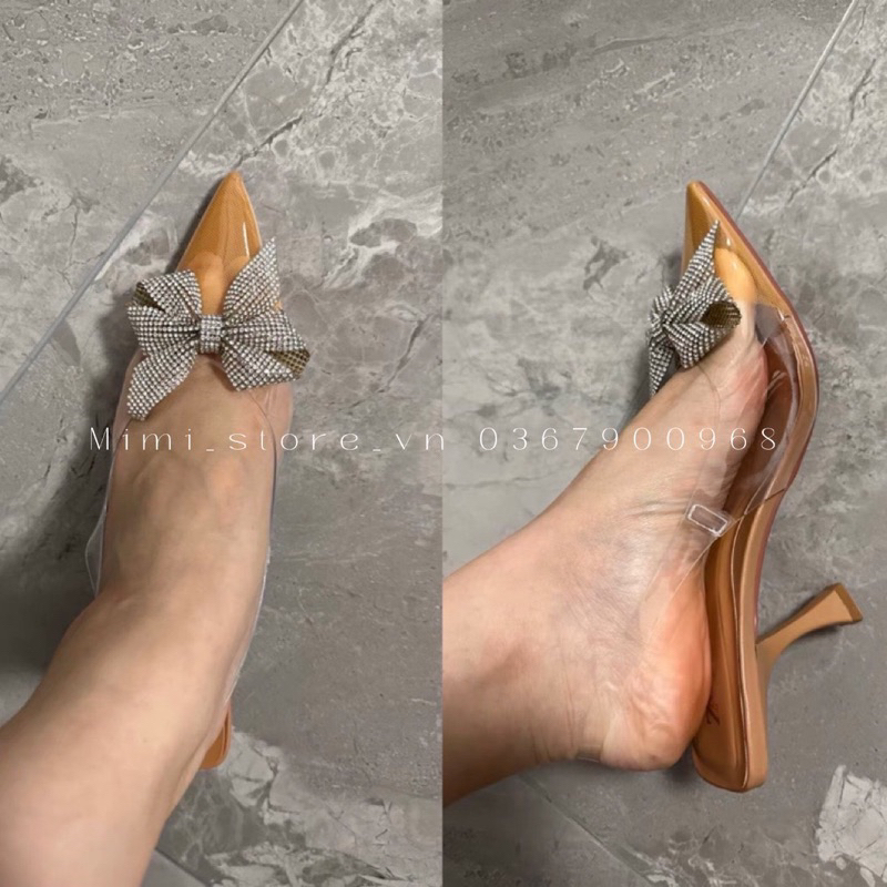 Giày cao gót nữ mũi nhọn đính nơ hạt , đế nâu , quai mica trong ZR full box MS-013