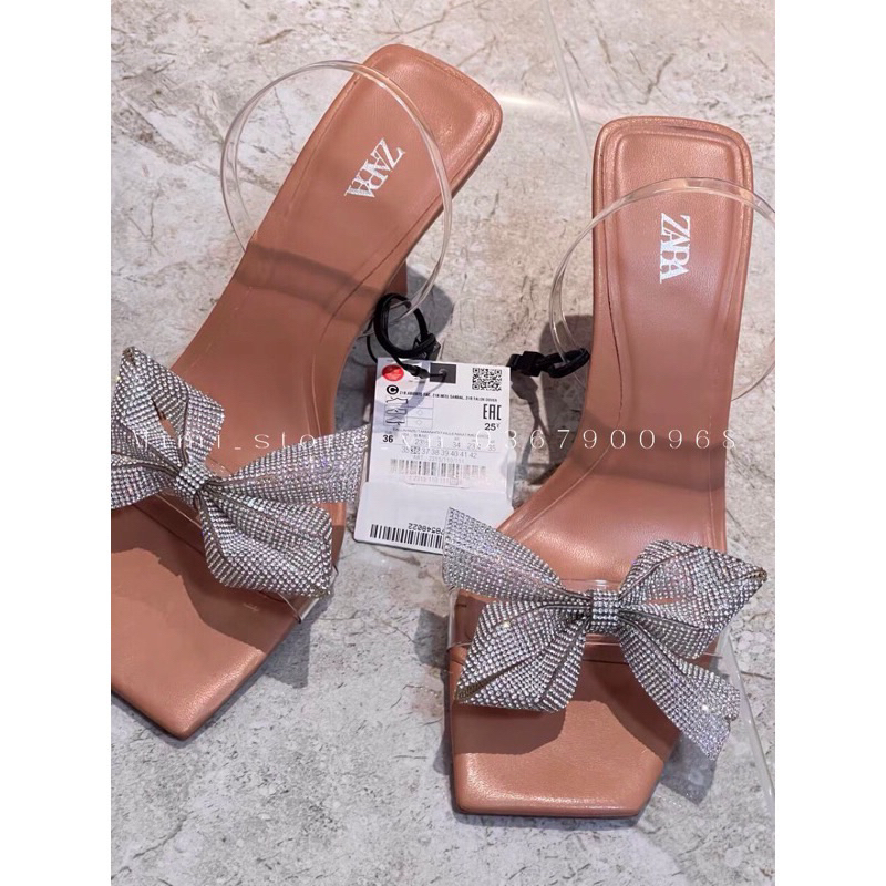 Sandal cao gót nữ quai mica đính nơ sling back fullbox MS-6055