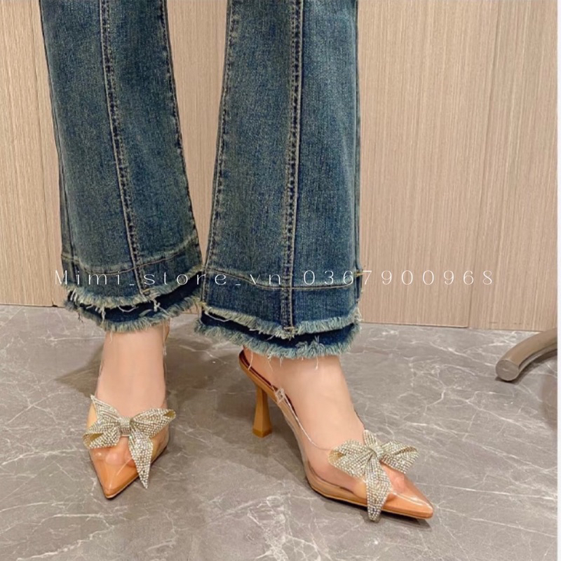 Giày cao gót nữ mũi nhọn đính nơ hạt , đế nâu , quai mica trong ZR full box MS-013