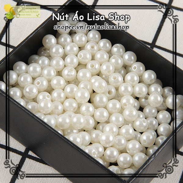 Hạt ngọc trai nhựa có lỗ  để làm trang sức, phụ kiện size 6mm 8mm 10mm 12mm, có 2 màu trắng ngà, trắng tinh