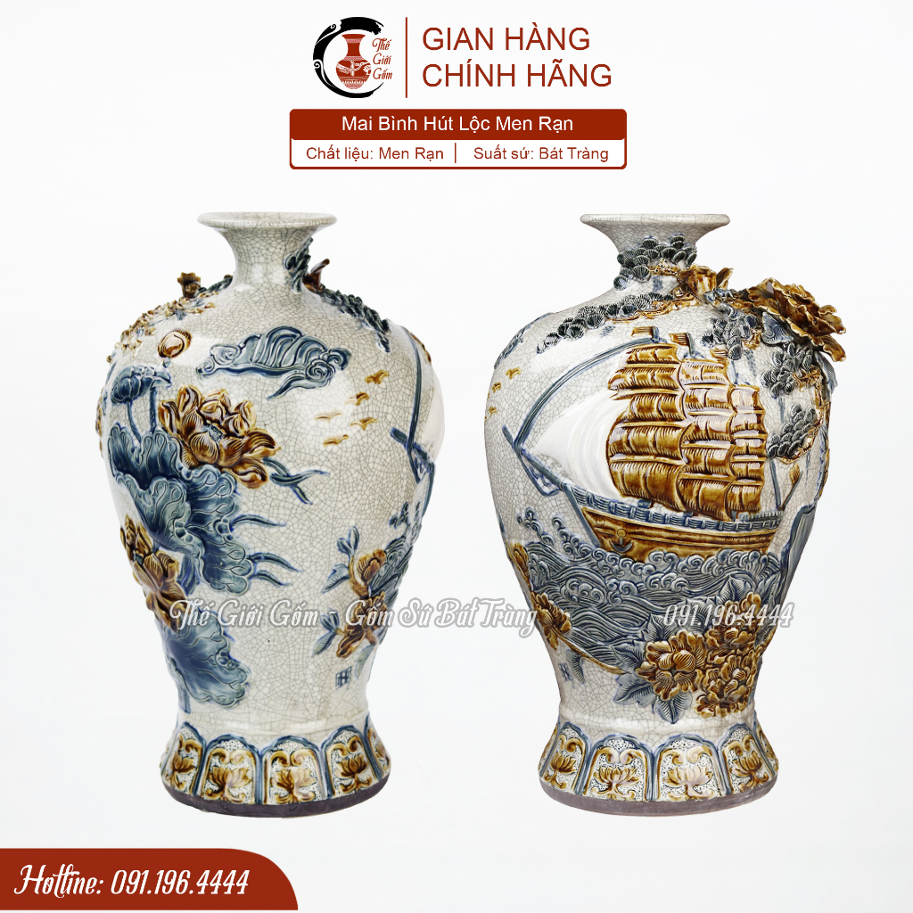 Mai bình hút lộc gốm sứ men rạn Bát Tràng đắp nổi thủ công