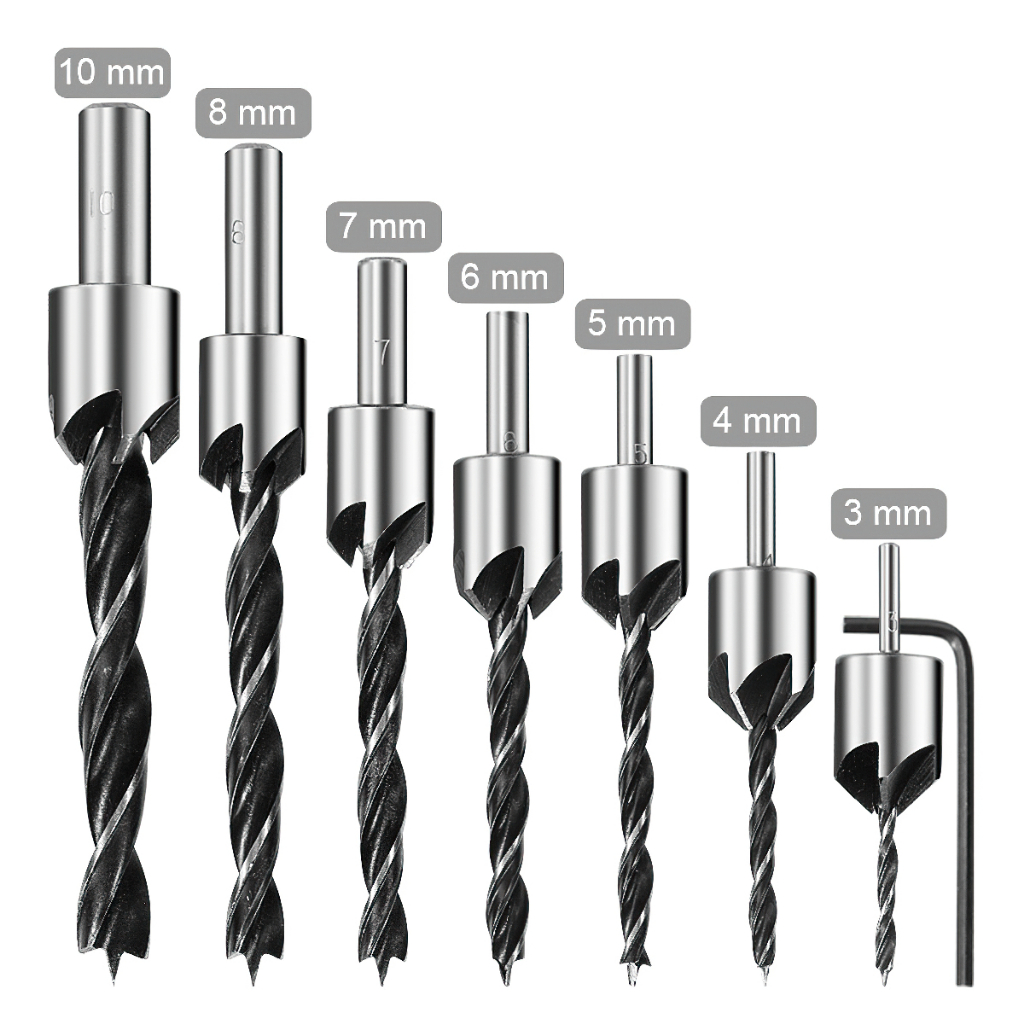 Bộ 7 mũi khoan gỗ bắt âm mũ vít đầu đinh cỡ 3-10mm mẫu tùy chọn