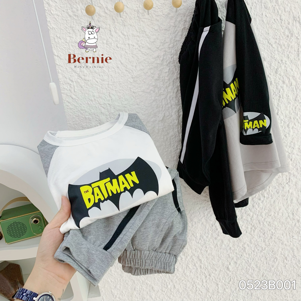 Bộ thun thu đông dài tay bé trai hoạ tiết siêu nhân, bộ cotton tay dài Bernie