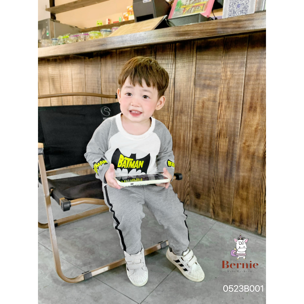 Bộ thun thu đông dài tay bé trai hoạ tiết siêu nhân, bộ cotton tay dài Bernie