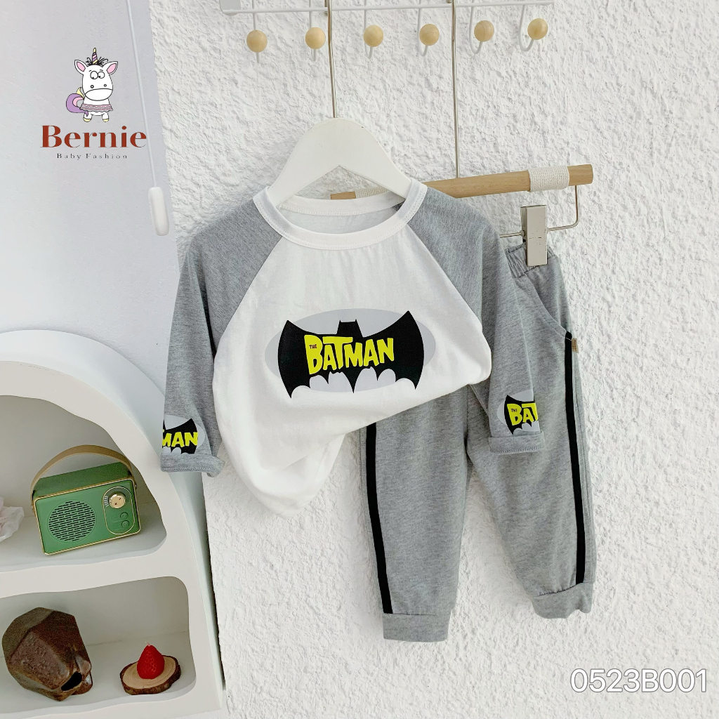 Bộ thun thu đông dài tay bé trai hoạ tiết siêu nhân, bộ cotton tay dài Bernie