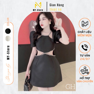 Đầm dự tiệc, váy nữ thiết kế sang chảnh khoét eo đính đá chất liệu Tafta cao cấp - TK231