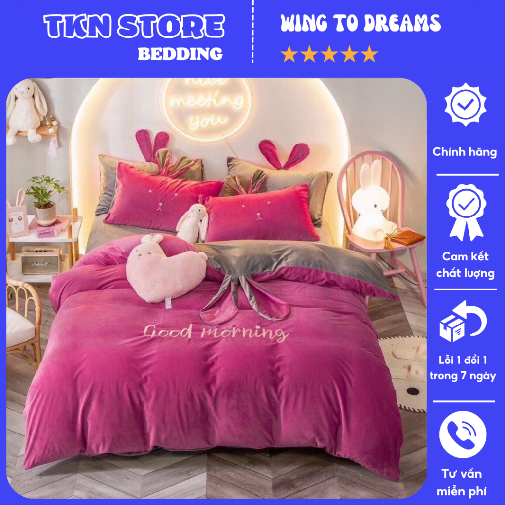 Bộ 4 món nỉ nhung tai thỏ siêu mềm mịn xinh xắn , bộ chăn ga gối nỉ tai thỏ chất liệu nỉ lông mịn , không bị rụng lông