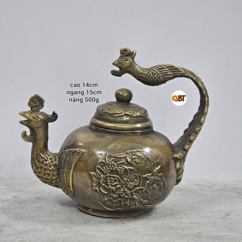 Ấm trà chim phụng bằng đồng