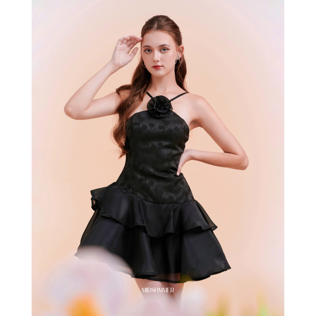 Đầm xoè xếp tầng cổ yếm vải gấm hoa phối organza Ciara Dress - MIDSUMMER