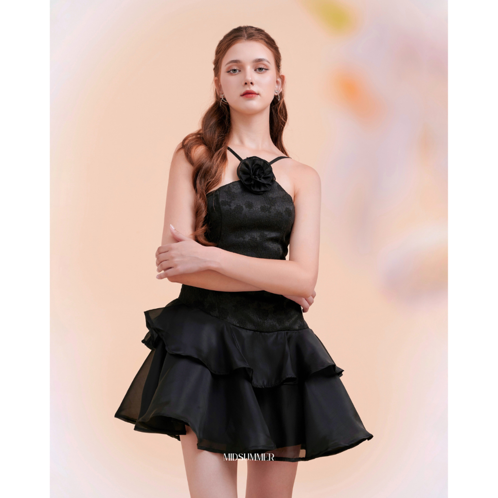 Đầm xoè xếp tầng cổ yếm vải gấm hoa phối organza Ciara Dress - MIDSUMMER