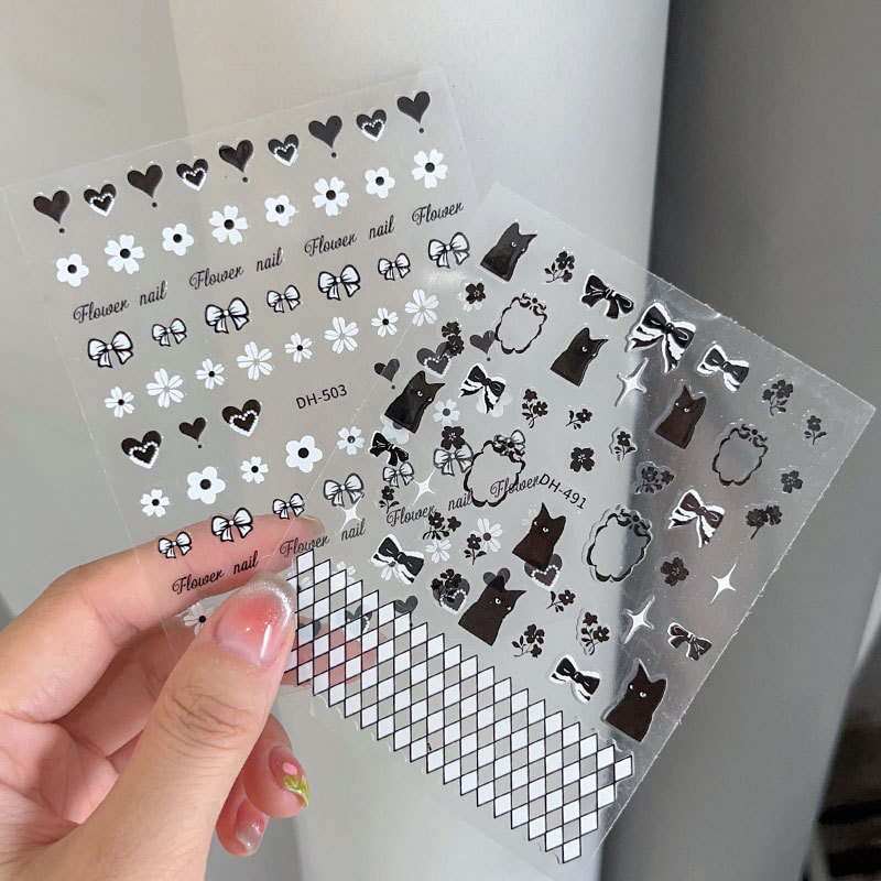 Sticker nail, miếng dán móng tay hình mèo, hình nơ, trái tim, bông hoa