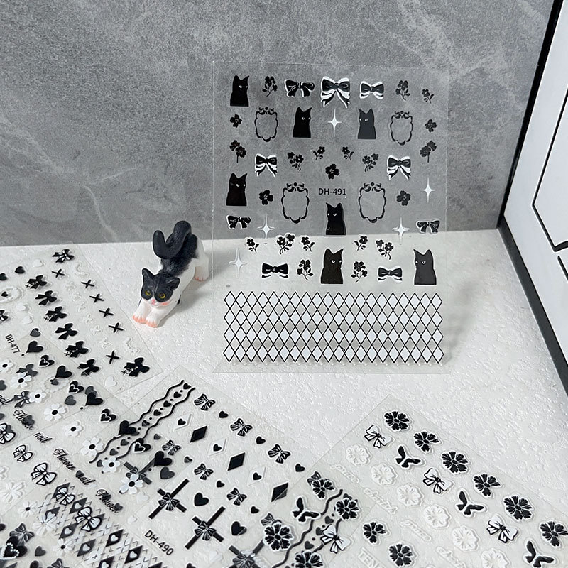 Sticker nail, miếng dán móng tay hình mèo, hình nơ, trái tim, bông hoa