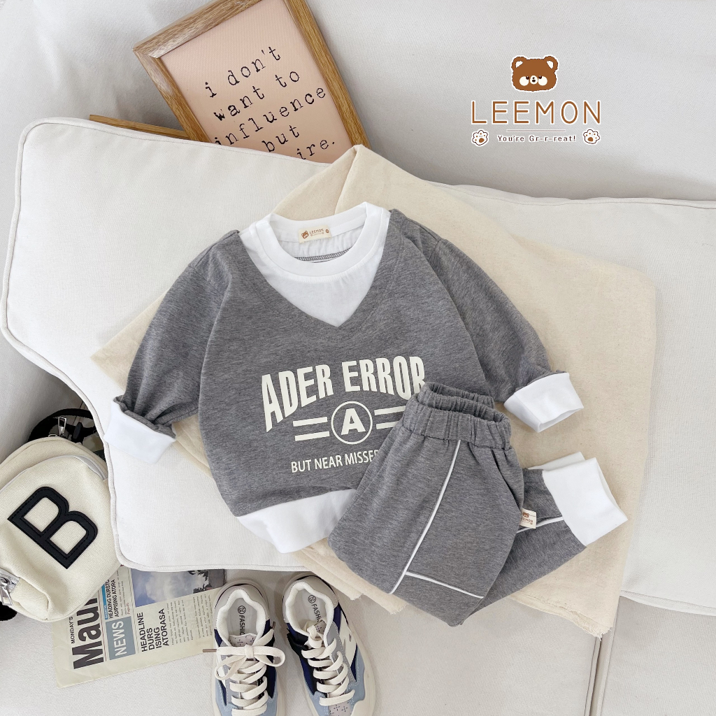 Bộ cotton thu đông dài tay phối cổ cá tính, bộ thun phong cách thể thao cá tính cho bé Leemon