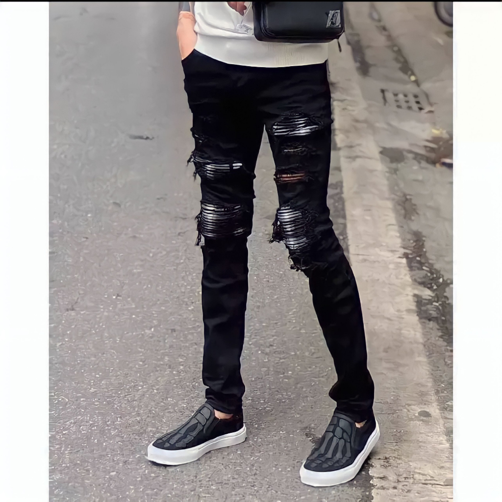 Quần jean nam đen rách gối lót da dáng skinny, quần bò co giãn màu xanh đen - Sogeum.store