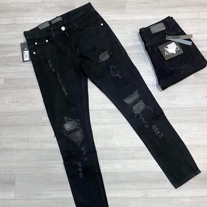 Quần jean nam đen rách gối lót da dáng skinny, quần bò co giãn màu xanh đen - Sogeum.store