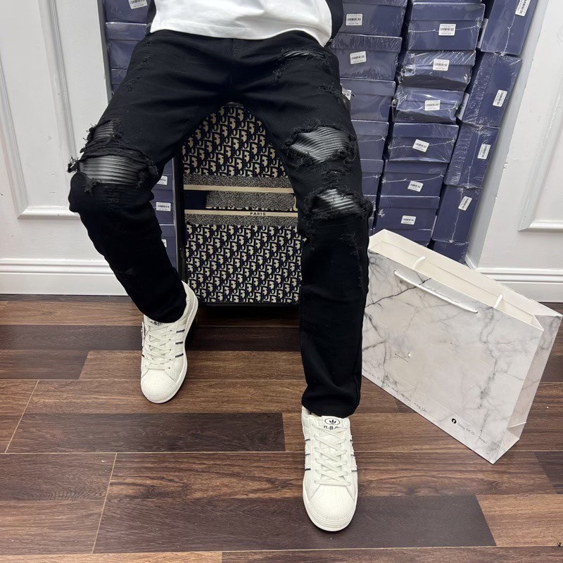 Quần jean nam đen rách gối lót da dáng skinny, quần bò co giãn màu xanh đen - Sogeum.store