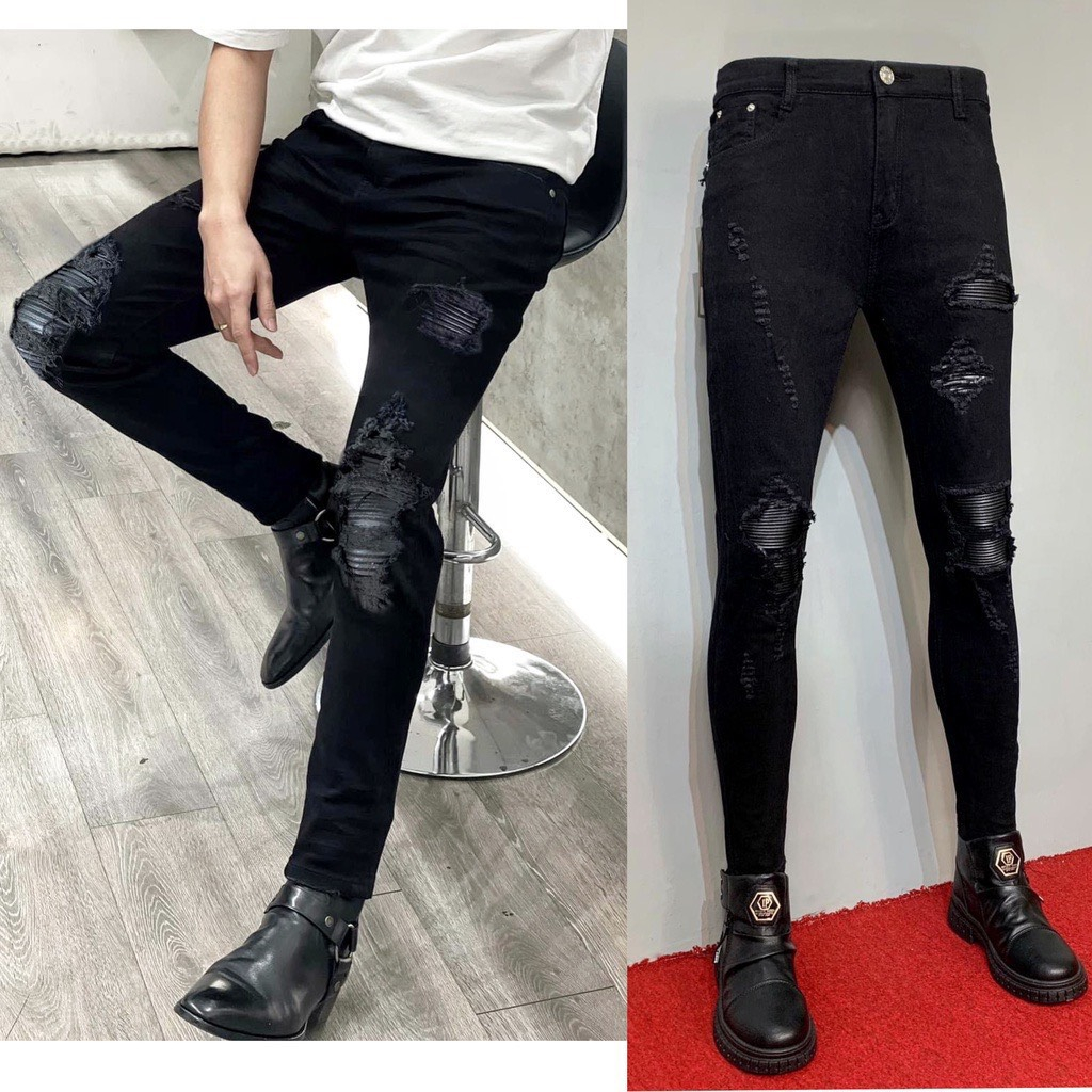 Quần jean nam đen rách gối lót da dáng skinny, quần bò co giãn màu xanh đen - Sogeum.store