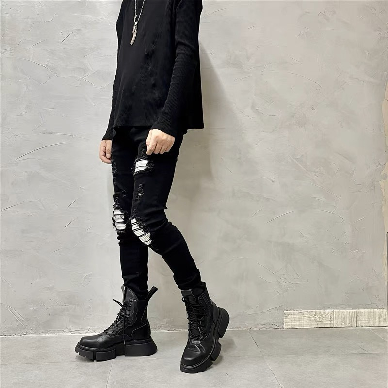 Quần jean nam đen rách gối lót da dáng skinny, quần bò co giãn màu xanh đen - Sogeum.store