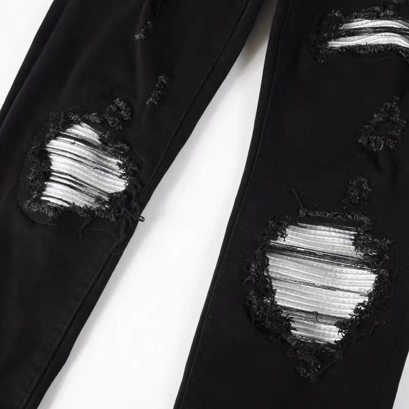 Quần jean nam đen rách gối lót da dáng skinny, quần bò co giãn màu xanh đen - Sogeum.store