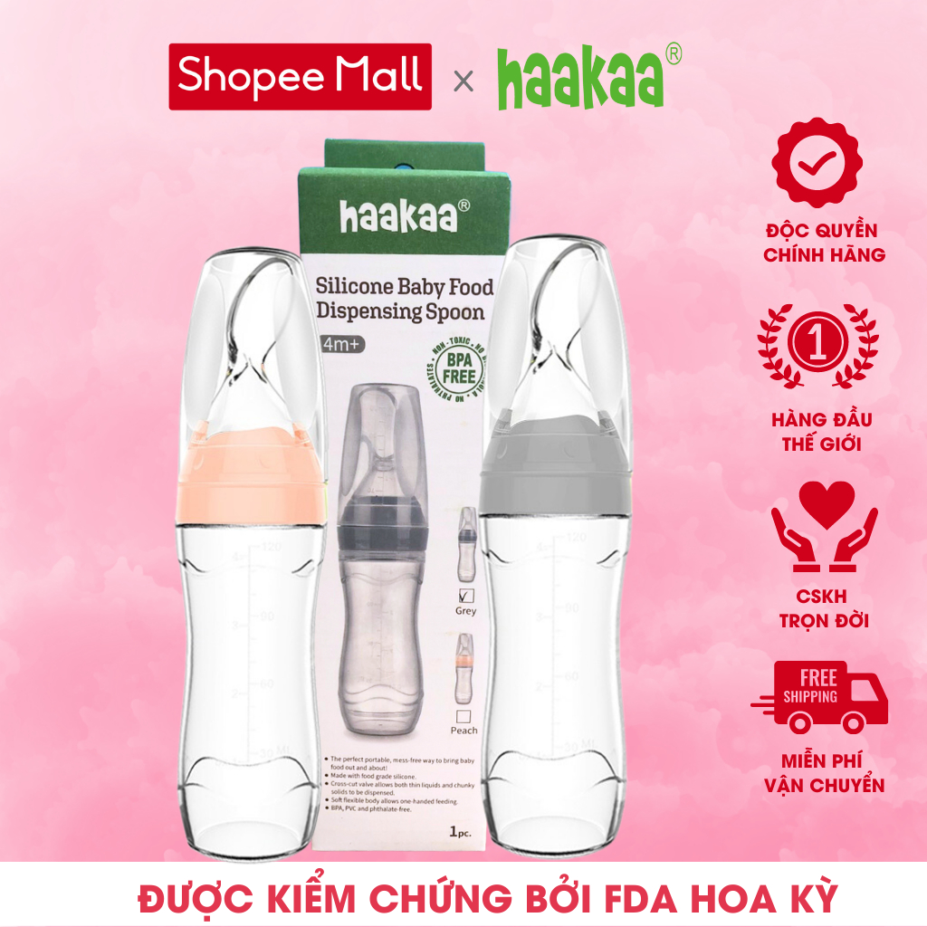 Bình thìa ăn dặm silicon cho bé Haakaa. Dung tích 120ml. Hỗ trợ bé uống sữa, uống nước, ăn cháo