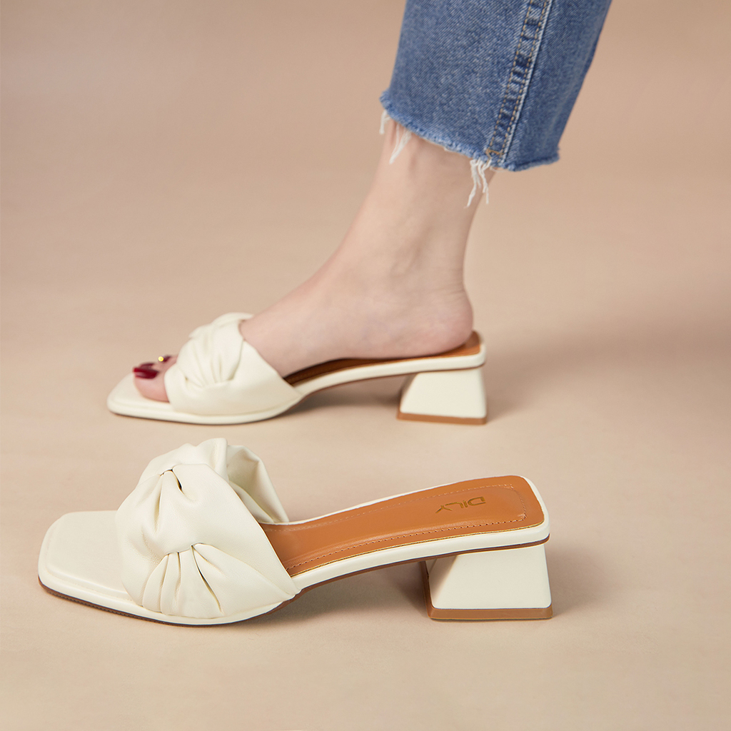 Dép guốc mũi vuông quai nhún trẻ trung, guốc gót vuông cao 4cm_AA0414