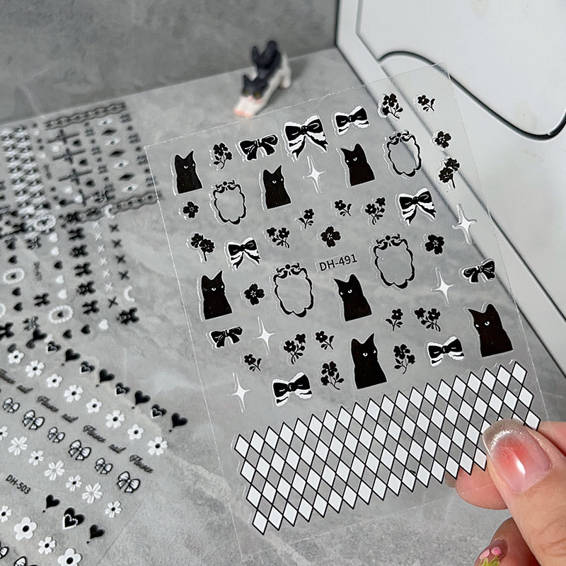 Sticker nail, miếng dán móng tay hình mèo, hình nơ, trái tim, bông hoa