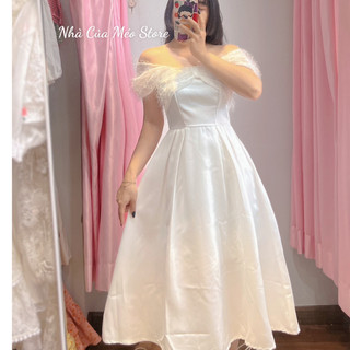 Đầm lông trễ vai nơ sang trọng [Nhà của méo store]