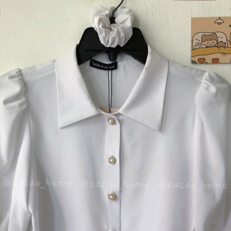 Set áo sơ mi trắng tiểu thư và đầm yếm túi vuông túi giỏ xách dễ thương tặng kèm cột tóc vải cùng màu