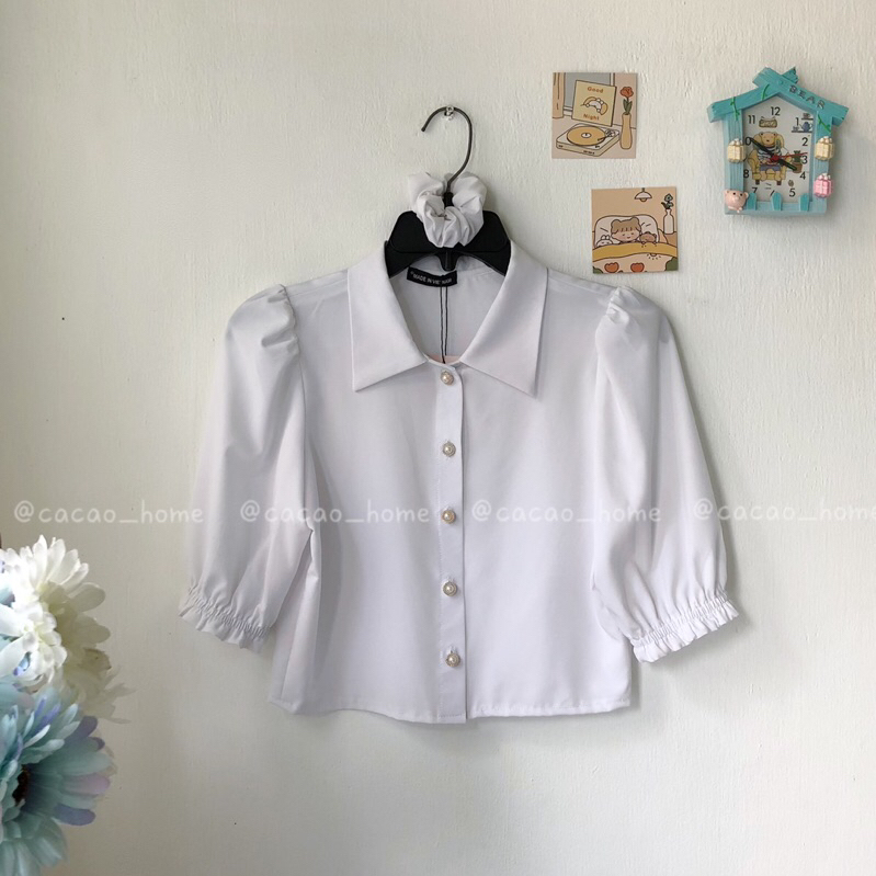 Set áo sơ mi trắng tiểu thư và đầm yếm túi vuông túi giỏ xách dễ thương tặng kèm cột tóc vải cùng màu