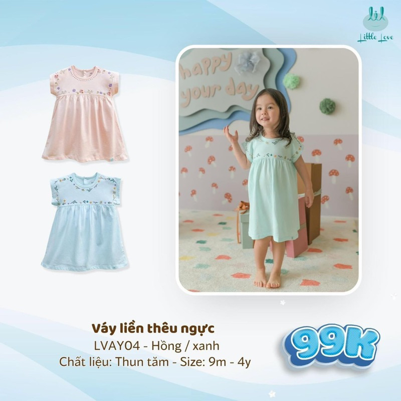 Váy liền thêu ngực cho bé gái từ 9m đến 4y little love
