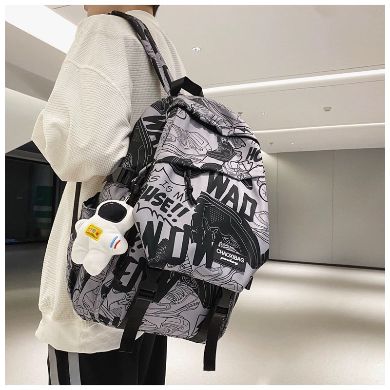 Balo Ulzzang Nhiều Ngăn Nắp Cài Hoạ Tiết