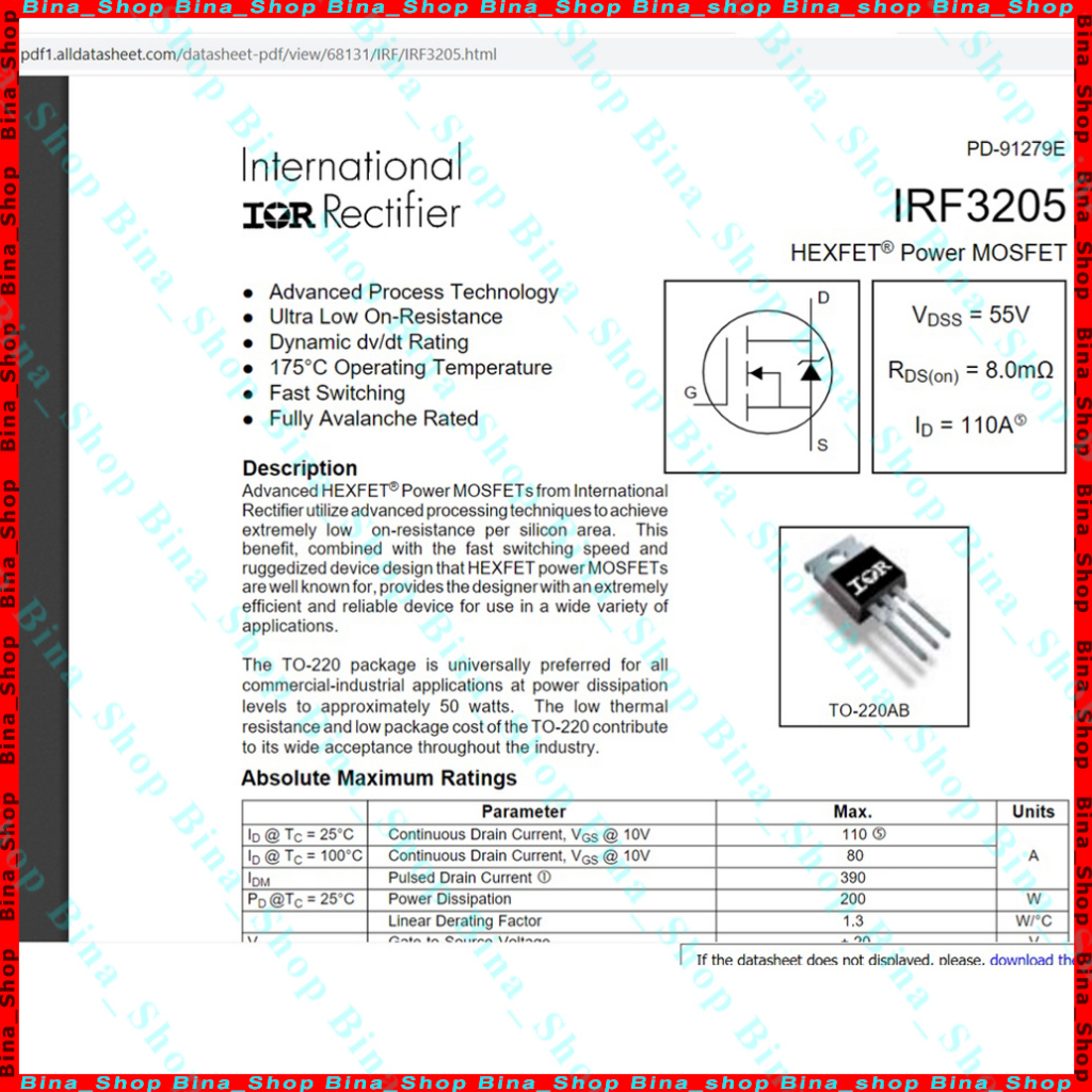 Mosfet IRF3205 110A 55V Linh kiện bán dẫn Kênh N TO-220 F3205 3205