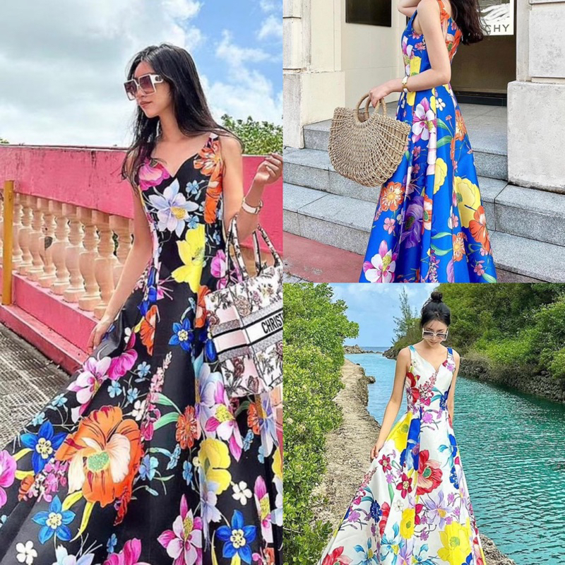 Đầm maxi lụa TRIPBLE R DRESS cổ V đi biển mùa hè siêu xinh - Free size dưới 54kg