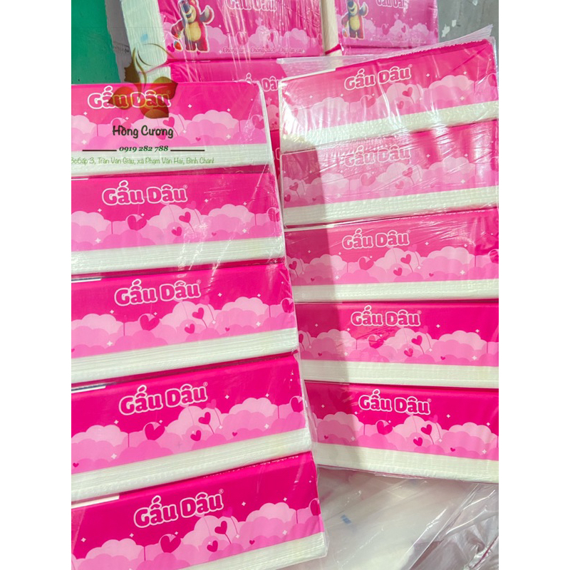 Giấy ăn rút gấu Dâu siêu hot trắng, mịn, dai- Gói 500 tờ dạng rút