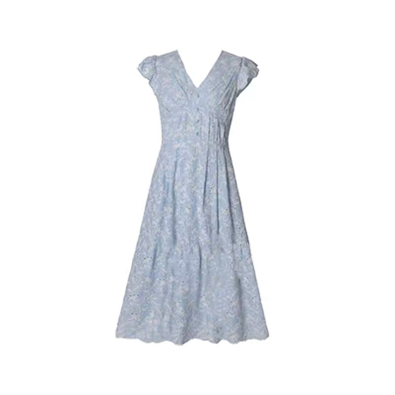 Đầm xanh ren thô thêu hoa trắng