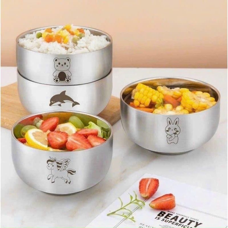 Set Bát Inox Chống Nóng Kèm Muỗng Hình Thú Cho Bé