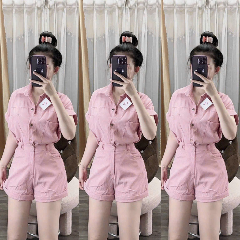 Set bộ đồ nữ đi chơi Set sơ mi  tay ngắn gài nút quần gập gấu 4 màu chất tăm nhung form chuẩn