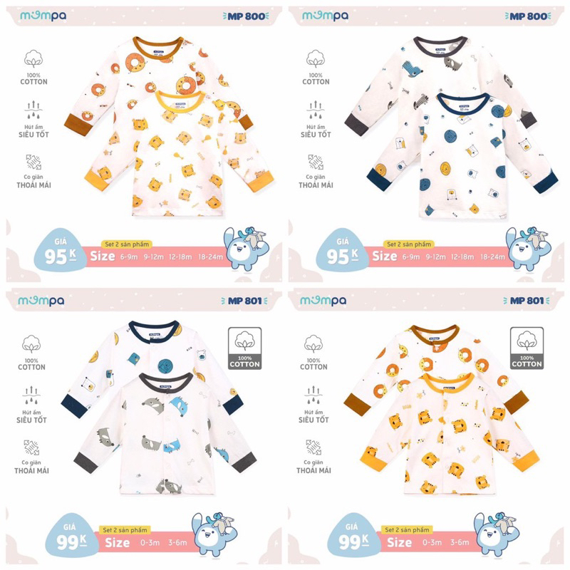 Set 2 áo dài tay cài giữa/cài vai cotton họa tiết động vật trẻ em Mompa